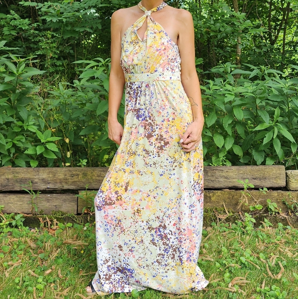 Guess Yellow Multicolor Halter Maxi Dress
